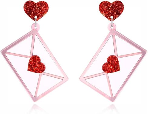 Valentine's Day Earrings for Women - Red Heart Envelope Dangle Jewelry, Valentines Day Outfit Accessories Gifts in Saudi Arabia