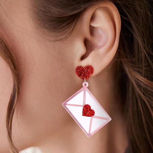 Valentine's Day Earrings for Women - Red Heart Envelope Dangle Jewelry, Valentines Day Outfit Accessories Gifts in Saudi Arabia