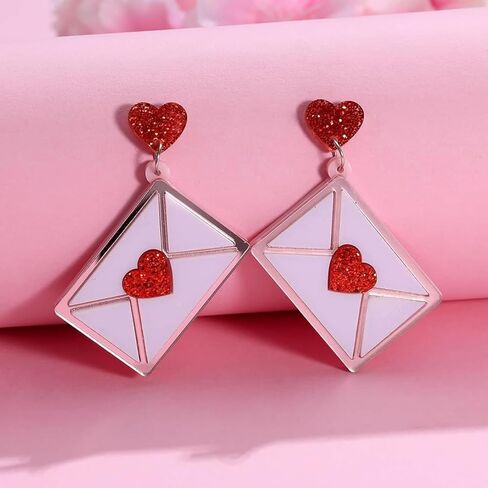 Valentine's Day Earrings for Women - Red Heart Envelope Dangle Jewelry, Valentines Day Outfit Accessories Gifts in Saudi Arabia