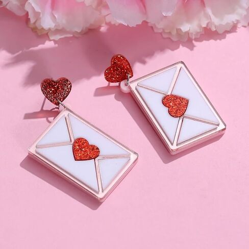 Valentine's Day Earrings for Women - Red Heart Envelope Dangle Jewelry, Valentines Day Outfit Accessories Gifts in Saudi Arabia