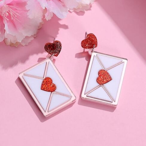 Valentine's Day Earrings for Women - Red Heart Envelope Dangle Jewelry, Valentines Day Outfit Accessories Gifts in Saudi Arabia