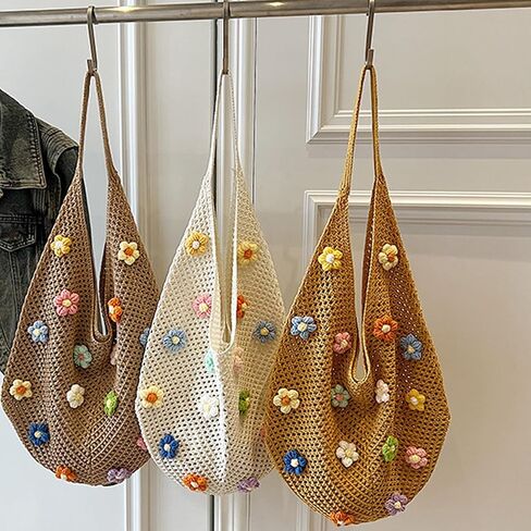 Gniwhd Boho Crochet Beach Bag with Cute Flower, Knit Tote Bag for Women Summer Holiday Travel in Saudi Arabia