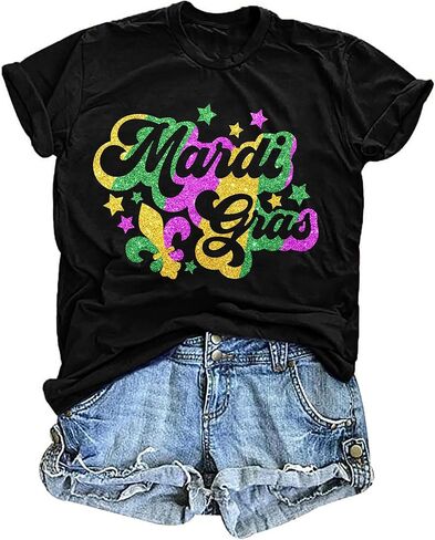 Mardi Gras T Shirts Women: Mardi Gras Glitter Tops Fat Tuesday Tshirt Funny New Orleans Carnival Party Tees in Saudi Arabia