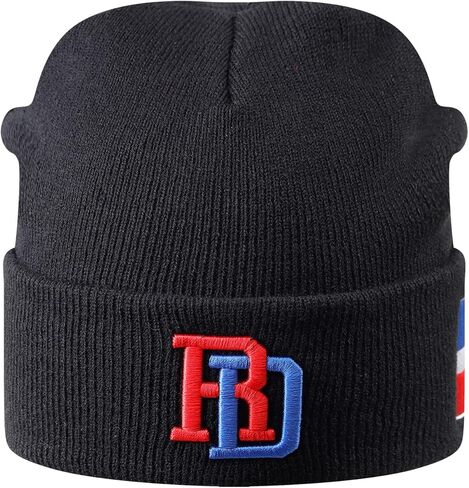 Black Dominican Republic Flag Embroidered Beanie for Men and Women, Soft Cotton Knit Winter Hat, Warm Cuffed Skull Cap for Cold Weather, Red Blue DR Pride Hat in Saudi Arabia