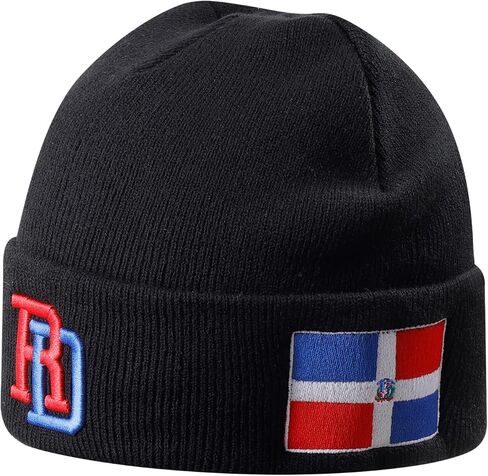Black Dominican Republic Flag Embroidered Beanie for Men and Women, Soft Cotton Knit Winter Hat, Warm Cuffed Skull Cap for Cold Weather, Red Blue DR Pride Hat in Saudi Arabia