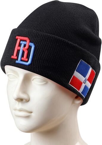 Black Dominican Republic Flag Embroidered Beanie for Men and Women, Soft Cotton Knit Winter Hat, Warm Cuffed Skull Cap for Cold Weather, Red Blue DR Pride Hat in Saudi Arabia