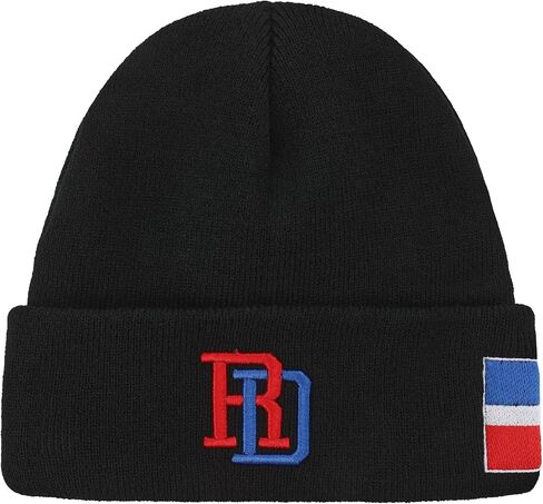 Black Dominican Republic Flag Embroidered Beanie for Men and Women, Soft Cotton Knit Winter Hat, Warm Cuffed Skull Cap for Cold Weather, Red Blue DR Pride Hat in Saudi Arabia