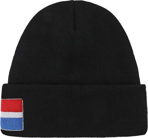 Black Dominican Republic Flag Embroidered Beanie for Men and Women, Soft Cotton Knit Winter Hat, Warm Cuffed Skull Cap for Cold Weather, Red Blue DR Pride Hat in Saudi Arabia
