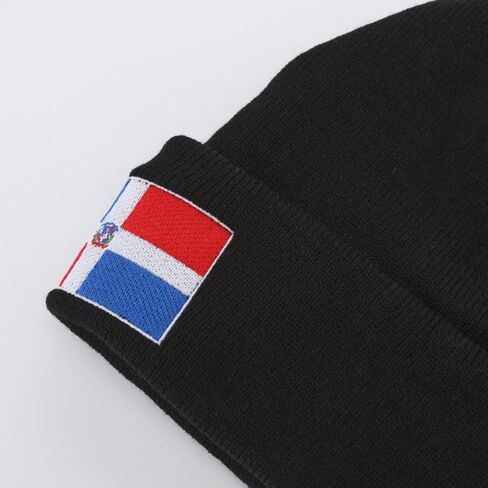 Black Dominican Republic Flag Embroidered Beanie for Men and Women, Soft Cotton Knit Winter Hat, Warm Cuffed Skull Cap for Cold Weather, Red Blue DR Pride Hat in Saudi Arabia