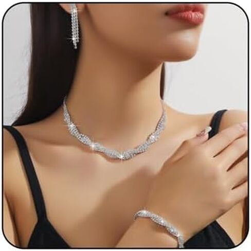 3PCS Prom Earrings Necklace Bracelet Set Sparkling Rhinestone Crystal Necklace Bracelet Dangle Earring Brides Bridesmaids Silver Jewelry Set Wedding Banquet Party Dance Dress Jewelry Set for Women in Saudi Arabia