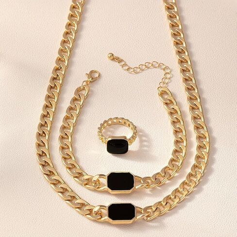 18K Gold Plated Enamel Cuban Link Chain Choker Necklace for Women Dainty Adjustable Bracelet Knuckle Midi Rings Statement Jewelry Set in Saudi Arabia