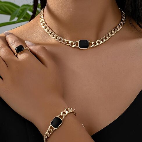 18K Gold Plated Enamel Cuban Link Chain Choker Necklace for Women Dainty Adjustable Bracelet Knuckle Midi Rings Statement Jewelry Set in Saudi Arabia