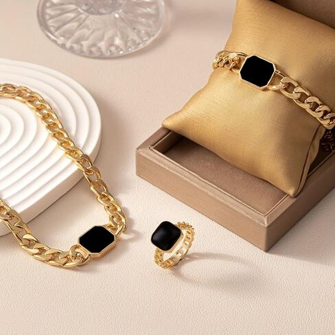 18K Gold Plated Enamel Cuban Link Chain Choker Necklace for Women Dainty Adjustable Bracelet Knuckle Midi Rings Statement Jewelry Set in Saudi Arabia
