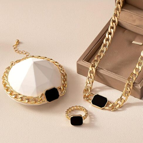 18K Gold Plated Enamel Cuban Link Chain Choker Necklace for Women Dainty Adjustable Bracelet Knuckle Midi Rings Statement Jewelry Set in Saudi Arabia