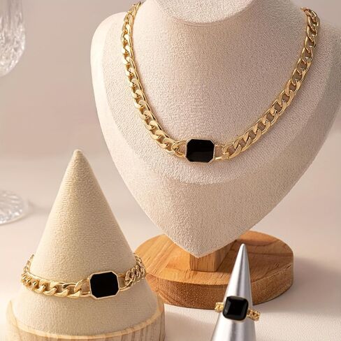 18K Gold Plated Enamel Cuban Link Chain Choker Necklace for Women Dainty Adjustable Bracelet Knuckle Midi Rings Statement Jewelry Set in Saudi Arabia