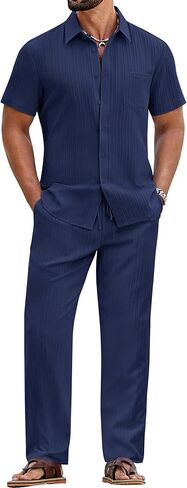 COOFANDY Mens 2 Piece Sets Summer Outfits Short Sleeve Button Down Shirt Loose Pant Sets Beach Vacation Outfits in Saudi Arabia