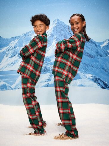 Old Navy Printed Gender-Neutral Button-Front Pajama Set for Kids - Green Plaid (Match the Fam!) in Saudi Arabia