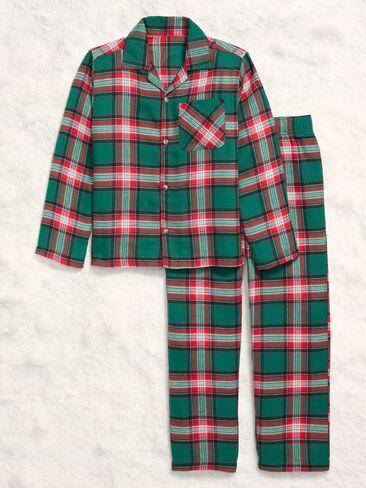 Old Navy Printed Gender-Neutral Button-Front Pajama Set for Kids - Green Plaid (Match the Fam!) in Saudi Arabia