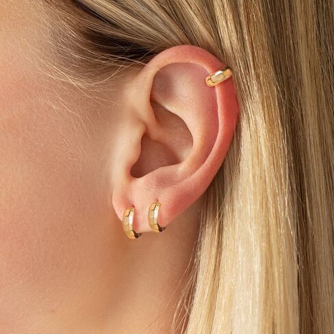 3 Pairs Small Chunky Gold Hoop Earrnigs Stack for Women, 14K Gold Plated Lightweight Trendy Sparkled Hypoallergenic Huggie Hoop Earrings Set for Multiple Piercing in Saudi Arabia