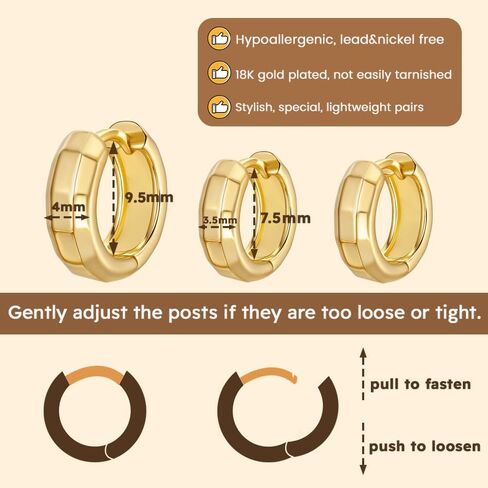 3 Pairs Small Chunky Gold Hoop Earrnigs Stack for Women, 14K Gold Plated Lightweight Trendy Sparkled Hypoallergenic Huggie Hoop Earrings Set for Multiple Piercing in Saudi Arabia