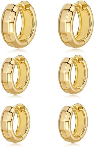 3 Pairs Small Chunky Gold Hoop Earrnigs Stack for Women, 14K Gold Plated Lightweight Trendy Sparkled Hypoallergenic Huggie Hoop Earrings Set for Multiple Piercing in Kuwait