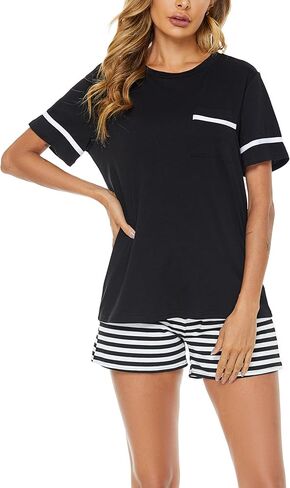 Reliwel Cotton Pajamas for Women Set Short Sleeve Womens Pajama Sets Round Neck Top and Pj Shorts with Pocket in Saudi Arabia
