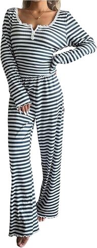 SOLY HUX Women's Striped Pajama Set Lace Trim Long Sleeve T Shirt Tops and Pants Loungewear Sleepwear in Saudi Arabia