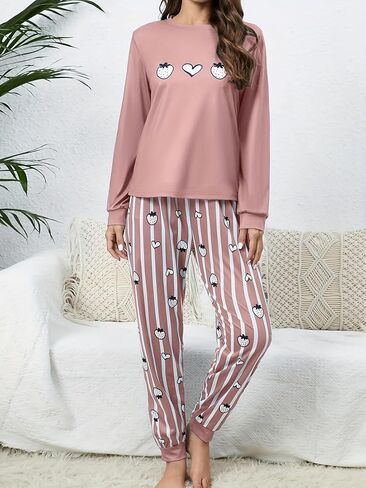 Women's Long-Sleeved Pajama Set, Round Neck, Tapered Cuffs, Soft Fabric, Elastic Waistband, Comfortable Women's Loungewear in Saudi Arabia