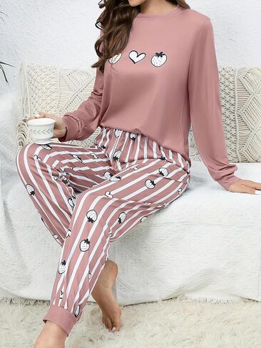 Women's Long-Sleeved Pajama Set, Round Neck, Tapered Cuffs, Soft Fabric, Elastic Waistband, Comfortable Women's Loungewear in Saudi Arabia