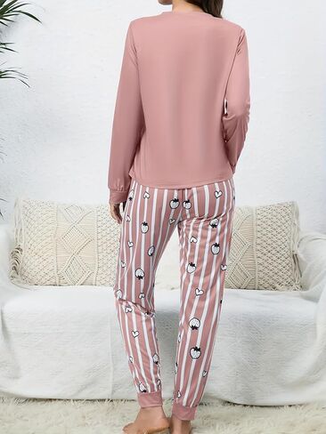 Women's Long-Sleeved Pajama Set, Round Neck, Tapered Cuffs, Soft Fabric, Elastic Waistband, Comfortable Women's Loungewear in Saudi Arabia