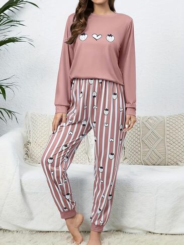 Women's Long-Sleeved Pajama Set, Round Neck, Tapered Cuffs, Soft Fabric, Elastic Waistband, Comfortable Women's Loungewear in Saudi Arabia