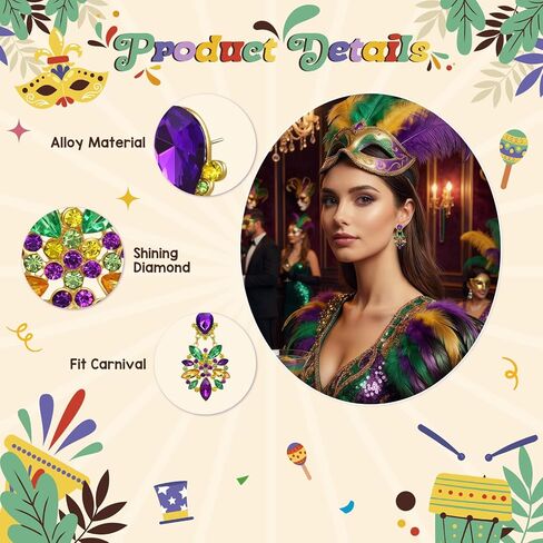 NextArt Mardi Gras Earrings for Women Purple Green Yellow Fleur De Lis Charm Dangle Earrings Carnival Parade Jewelry Gifts Party Outfit Costume Accessories in Saudi Arabia