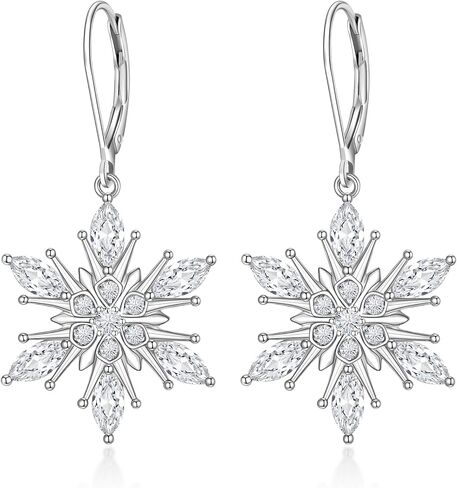 EVER FAITH Dainty White Cubic Zirconia Hoop Dangle Snowflake Earrings 925 Sterling Silver Leverback French Hook Winter Party Christmas Jewelry Gifts for Women in Saudi Arabia