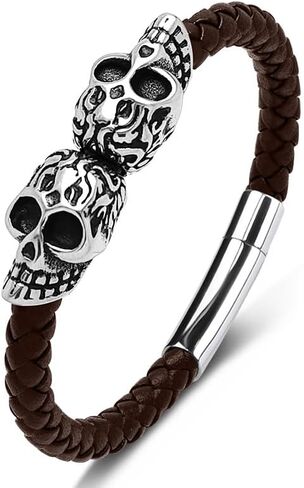 VA JENT Men leather Skull Bracelet,316L Stainless Steel Genuine Leather Bracelets for Men - Wristband Bangle Gift for Husband Son in Kuwait