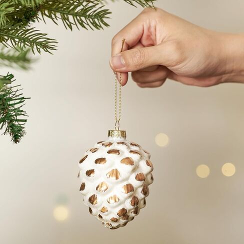 DN DECONATION Glass Pine Cone Ornament Hanging Acorn Ornaments for Christmas Tree, Sparking Golden Brushed Natural Style Decor for Woodland, Tabletop Xmas Tree & Holiday Home (6-Piece, White & Gold) in Saudi Arabia