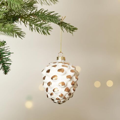 DN DECONATION Glass Pine Cone Ornament Hanging Acorn Ornaments for Christmas Tree, Sparking Golden Brushed Natural Style Decor for Woodland, Tabletop Xmas Tree & Holiday Home (6-Piece, White & Gold) in Saudi Arabia