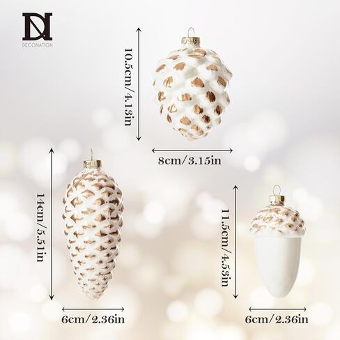 DN DECONATION Glass Pine Cone Ornament Hanging Acorn Ornaments for Christmas Tree, Sparking Golden Brushed Natural Style Decor for Woodland, Tabletop Xmas Tree & Holiday Home (6-Piece, White & Gold) in Saudi Arabia