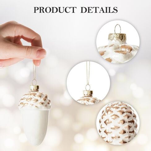DN DECONATION Glass Pine Cone Ornament Hanging Acorn Ornaments for Christmas Tree, Sparking Golden Brushed Natural Style Decor for Woodland, Tabletop Xmas Tree & Holiday Home (6-Piece, White & Gold) in Saudi Arabia