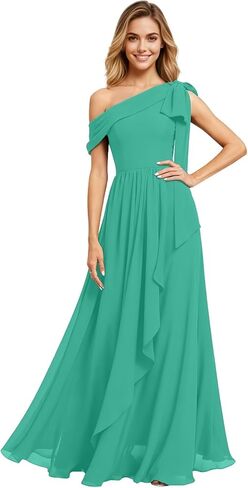 Womens One-Shoulder Bridesmaid Dresses with Bowtie Chiffon Formal Wedding Guest Dresses Maxi Dinner Evening Dress in Saudi Arabia