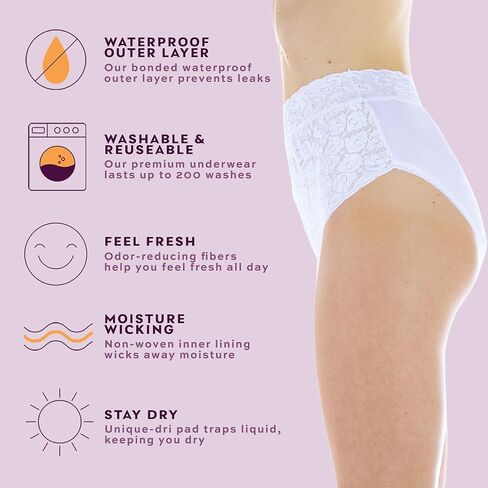 Wearever 6-Pack Women's White Lovely Lace Regular Absorbency Incontinence Panties 150 ml 1X (Fits Hip 43-44") in Saudi Arabia
