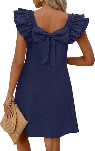 MEROKEETY Women's Summer Ruffle Sleeve Bow Mini Dress 2026 Spring Square Neck Casual Cute Shift Sundress Pockets in Saudi Arabia