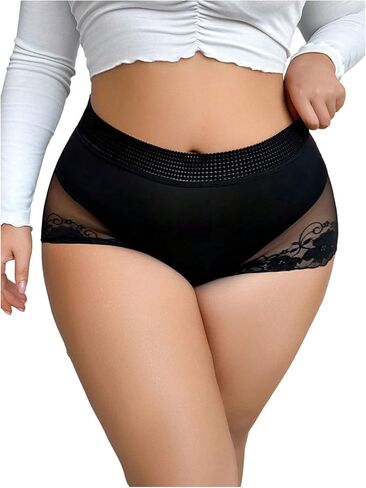 WDIRARA Women's Plus Size Lace Mesh Sheer Briefs High Waisted Panties Underwear in Saudi Arabia