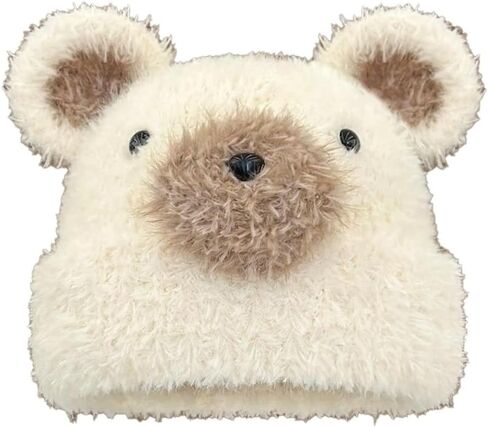 Cute Fuzzy Bear Ears Beanie Hats for Women Y2K Slouchy Plush Knitted Beanie Fur Furry Winter Hat Cozy Warm Crochet Skull Cap in Saudi Arabia