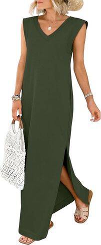 ANRABESS Womens Summer Casual Maxi Dresses Sleeveless V Neck Split Wrinkle-Free Long Sundress Beach Vacation Travel Clothes in Saudi Arabia