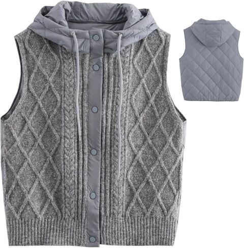 سترة نسائية بغطاء للرأس سترة نسائية دافئة مبطنة مع ظهر منتفخ سترة خفيفة الوزن بدون أكمام للطقس البارد في الشتاء، رمادي للنساء مع غطاء للرأس in Kuwait