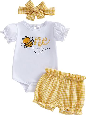 BemeyourBBs Baby Girl First Birthday Outfit 1st Flower Short Sleeve Romper Cute Shorts Set One Year Birthday Summer Clothes in Kuwait