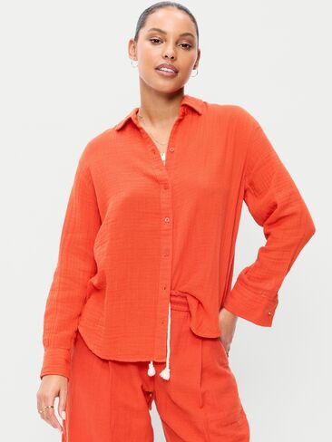 قميص Old Navy مفتوح من الخلف من الشاش المجعد بأزرار - برتقالي مزخرف in Kuwait