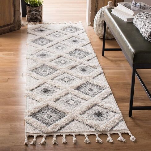SAFAVIEH Moroccan Tassel Shag Collection Runner Rug - 2'3" x 8', Ivory & Grey, Boho Design, Non-Shedding & Easy Care, 2-inch Thick Ideal for High Traffic Areas in Living Room, Bedroom (MTS601F) in Saudi Arabia