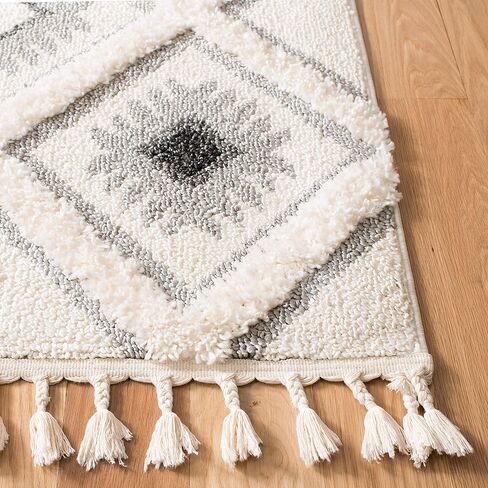 SAFAVIEH Moroccan Tassel Shag Collection Runner Rug - 2'3" x 8', Ivory & Grey, Boho Design, Non-Shedding & Easy Care, 2-inch Thick Ideal for High Traffic Areas in Living Room, Bedroom (MTS601F) in Saudi Arabia