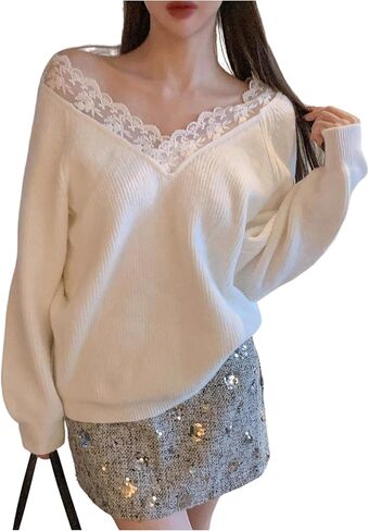 GORGLITTER Women's Lace Trim V Neck Sweaters Dressy Long Sleeve Cozy Pullovers Trendy Fall Winter Knitwear in Saudi Arabia